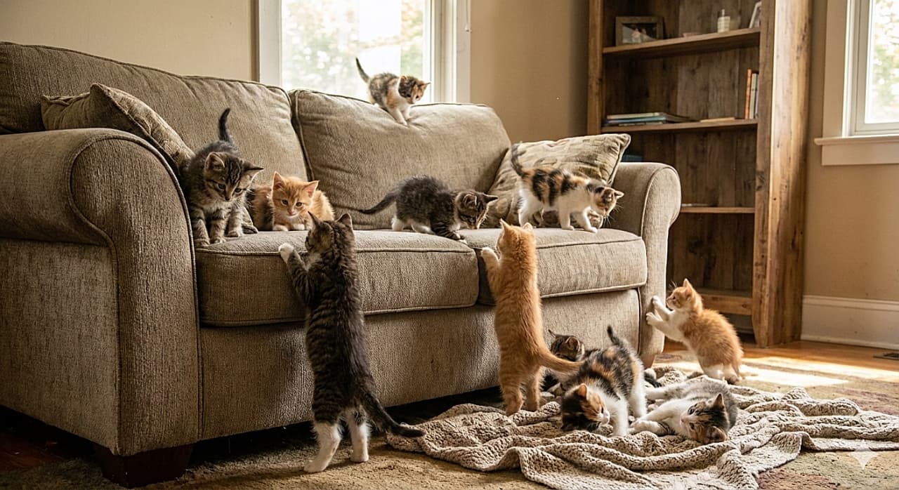 「ソファがジャングルジム状態！？🛋️ 登ったり転がったり、元気すぎる子猫軍団に完全占拠されちゃった🐾💕」A hyper-realistic scene of a crowd of 6-week-old kittens (tabby, calico, ginger) swarming around and climbing a beige sofa in a cozy living room. Tiny paws are visible everywhere as they scale the cushions and play on a knitted blanket on the floor. 居心地の良いリビングルームにあるベージュ色のソファに、キジトラ、三毛、茶トラなど多数の6週齢の子猫が群がり、よじ登っているリアルな光景。ソファの上を歩いたり、床のニットブランケットで遊んだりと、いたるところに小さな足が見える