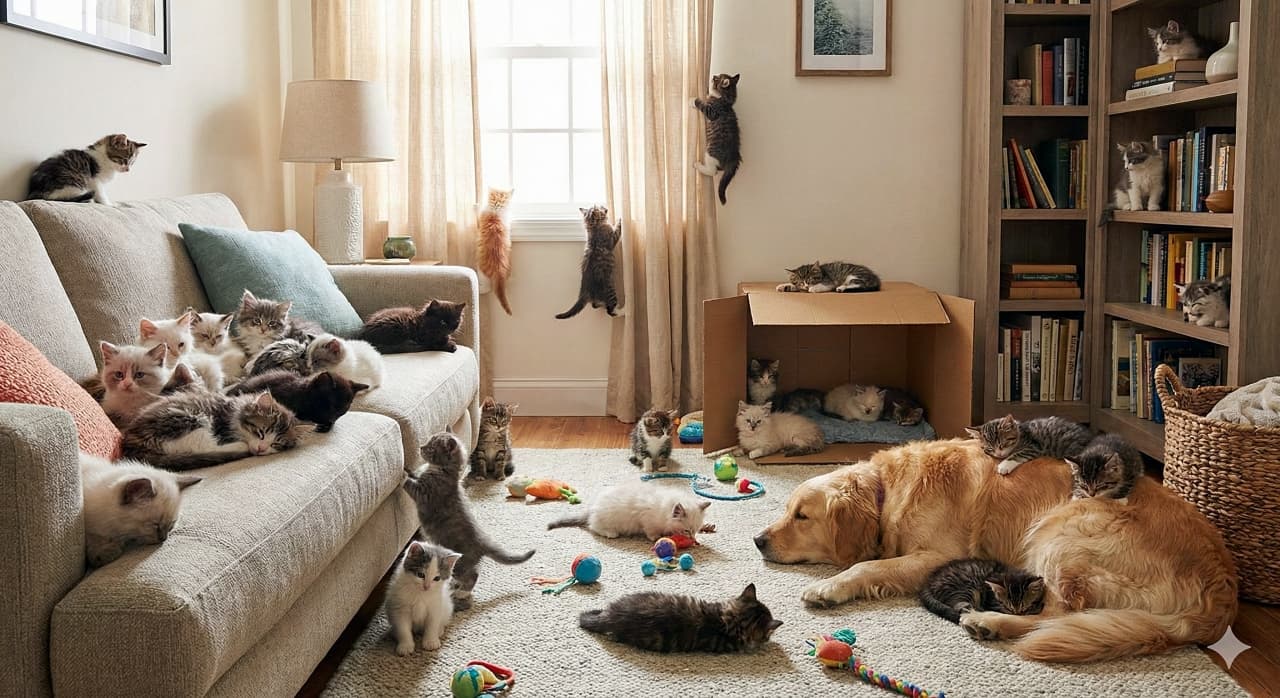 「部屋中が子猫の楽園に！？🐾 カーテン登りに箱遊び、優しいワンコの背中でスヤスヤ眠る子も🐶💕至福の空間✨」A photorealistic image of a living room completely taken over by dozens of tiny kittens. They are everywhere: sleeping on the sofa, climbing the curtains, hiding in a cardboard box, and sitting on the bookshelves. In the center on the rug, a gentle golden retriever lies peacefully while several kittens sleep on its back and around it. たくさんの小さな子猫たちに完全に占拠されたリビングルーム。子猫たちはソファで眠ったり、カーテンによじ登ったり、段ボール箱に入ったり、本棚に座ったりと部屋中に溢れている。中央のラグの上では穏やかなゴールデンレトリバーが横たわり、その背中や周りでも子猫たちが安心して眠っている
