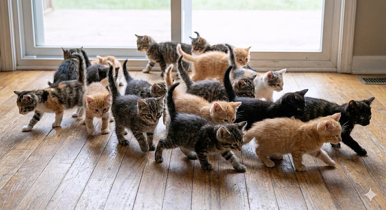 「みんなでどこ行くの〜？🐾 色とりどりの子猫たちがゾロゾロ大移動！可愛すぎるモフモフ大行進💕」A realistic photo of many 7-week-old kittens of various colors, including tabby, ginger, calico, and black, walking together across a wooden floor. They are all moving in the same direction with their tails up, illuminated by gentle natural light from a glass door in the background. ガラス戸からの柔らかな自然光に照らされたフローリングの床を、一緒に歩いていく生後7週間ほどのたくさんの子猫たち。キジトラ、茶トラ、三毛、黒など様々な毛色の子猫が尻尾を立てて、一斉に同じ方向へ大移動しているリアルな様子