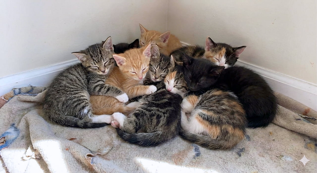「部屋の隅っこでギュッと大集合！🐾 みんなでくっついて眠る、あったかモフモフの猫団子🍡💤」An intimate, realistic scene of a mass of 6-week-old kittens sleeping tightly pressed together in the corner of a room. The kittens, with various coat patterns including tabby, ginger, and black, are sharing warmth on a soft, light-colored blanket, with a patch of sunlight illuminating the foreground. 部屋の隅に敷かれたブランケットの上で、ひとつの塊のように身を寄せ合って眠る生後6週間ほどの小さな子猫たち。キジトラや茶トラ、黒など様々な毛色の子猫がギュッと密着して温もりを分け合っている、親密でリアルな光景