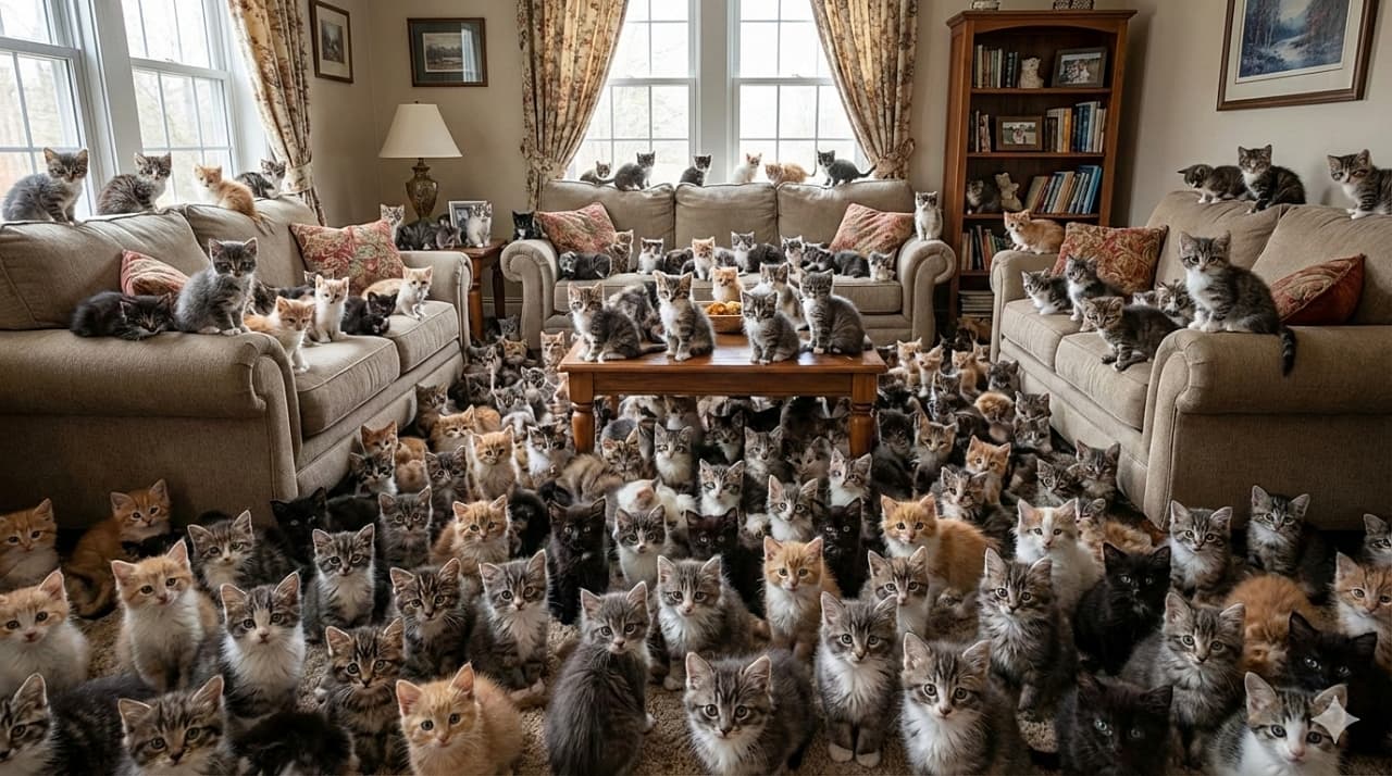 「部屋中が子猫でギュウギュウ！？🐈🏠 ソファも床もモフモフに占拠された、圧巻の猫まみれ空間✨」A photorealistic image of a cozy living room completely filled with a massive crowd of 6-week-old kittens. Dozens of kittens in various colors and patterns cover the floor, sofas, and coffee table, looking towards the camera and creating an overwhelming sense of scale. リビングルームの床、ソファ、テーブルなど、空間全体を埋め尽くすほどの膨大な数の子猫たち（生後6週間ほど）。茶トラやキジトラ、三毛など様々な柄の子猫たちがひしめき合い、圧倒的なスケール感で一斉にこちらを見つめている