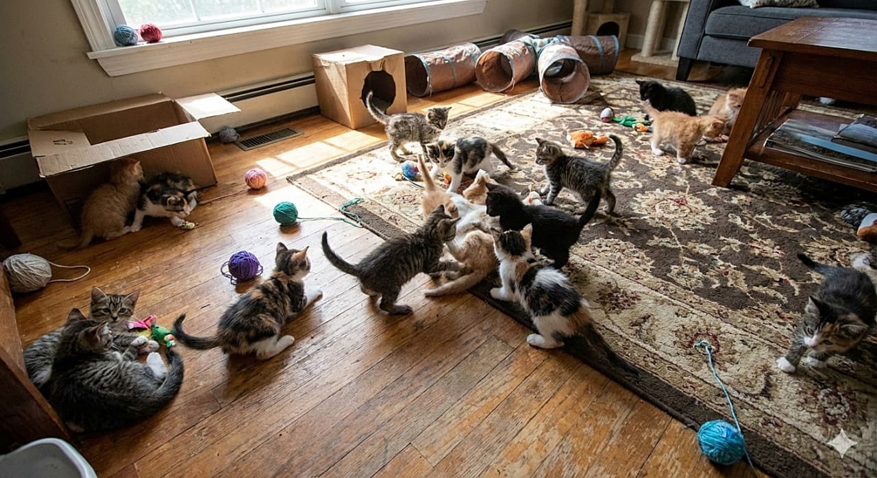 「部屋中が子猫だらけで大パニック！？🧶 箱や毛糸玉で遊びまわる、元気いっぱいのモフモフ大運動会🐱✨」A candid, photorealistic image of a crowd of 6-week-old kittens of various colors spreading across a living room floor. The scene is full of playful chaos, with kittens wrestling on an oriental rug, exploring cardboard boxes, and playing with scattered balls of yarn and cat tunnels. リビングルームの床いっぱいに広がり、元気いっぱいに遊ぶ生後6週間ほどのたくさんの子猫たち。ラグの上でじゃれ合ったり、段ボール箱を探検したり、散らばった毛糸玉や猫用トンネルで遊んだりと、無邪気でカオスな光景が広がっている