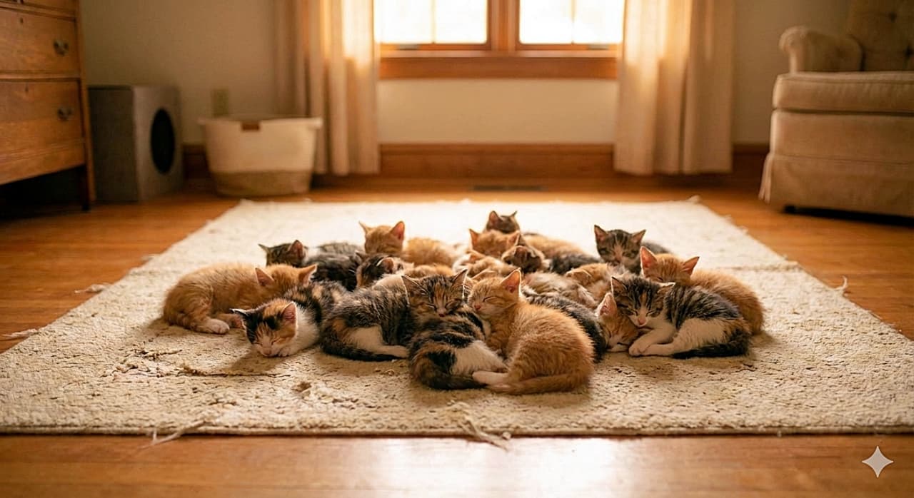 「リビングのラグの上が満員御礼！？🐱💤 温かい光に包まれて、みんなでピタッとくっついてお昼寝タイム✨」A large group of tiny kittens under 8 weeks old, in various colors including calico, ginger, and tabby, sleeping huddled together on a light-colored rectangular rug. They are resting in the center of a cozy living room with hardwood floors, illuminated by warm natural light from a window in the background. 三毛や茶トラ、キジトラなど様々な毛色をした生後8週未満の小さな子猫たちが、明るい色の長方形のラグの上で身を寄せ合って眠っている様子。背景の窓からの温かい自然光に照らされた、フローリングの居心地の良いリビングルームの中央でくつろいでいる