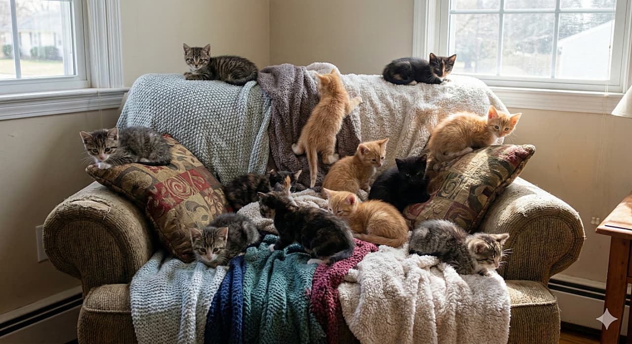 「ふかふかの椅子が子猫の遊び場に！🛋️ 毛布やクッションによじ登って自由気ままなモフモフ大集合🐱💕」A photorealistic image of a cozy indoor scene featuring a swarm of 6-week-old kittens. The kittens, in various patterns including tabby, ginger, and black, are actively crawling over and resting on an armchair covered with multiple textured blankets and decorative pillows next to a bright window. 明るい窓辺に置かれたアームチェアで過ごす、生後6週間ほどのたくさんの子猫たちのリアルな写真。キジトラ、茶トラ、黒猫など様々な柄の子猫たちが、椅子の上に敷かれた何枚ものブランケットやクッションの上を這い回ったり、くつろいだりしている居心地の良い光景
