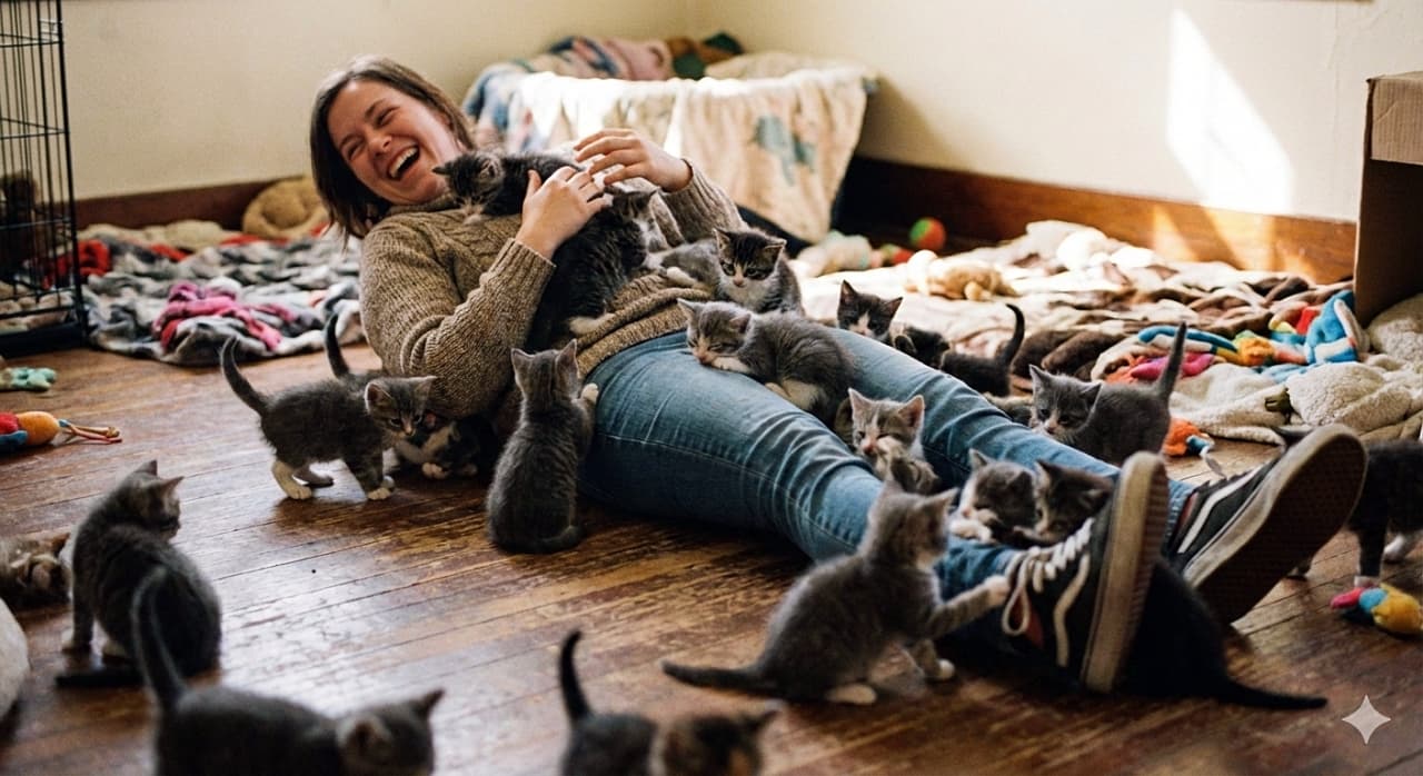 「幸せすぎる「猫まみれ」！😂 たくさんの子猫たちに包囲されて大爆笑、最高にハッピーなモフモフ天国✨」A joyful woman sitting on a wooden floor laughing heartily as she is completely swarmed by dozens of tiny kittens. The kittens are climbing all over her lap, chest, and legs, creating a heartwarming and candid scene of overwhelming cuteness with a shallow depth of field. フローリングの床に座り、大声で笑って喜ぶ女性。生後間もないたくさんの小さな子猫たちに完全に包囲され、膝や胸、足によじ登られている、圧倒的な可愛さと幸せに満ちた光景