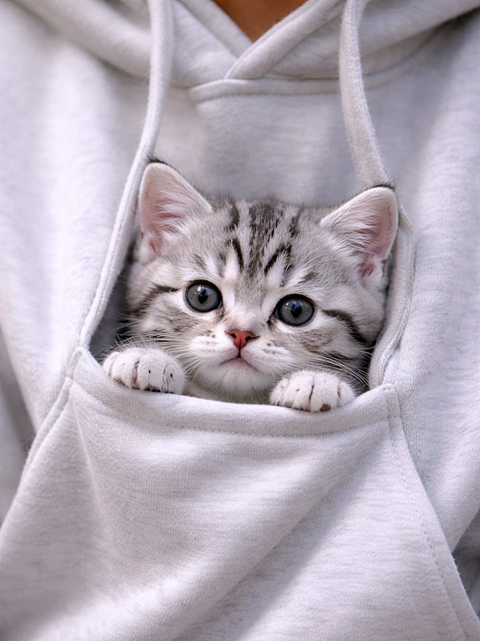 「ポケットの中で安心モード全開♪ふみふみが止まらない甘えんぼ子猫」A tiny American Shorthair kitten peeking out from a hoodie pocket while kneading the fabric, photorealistic close-up. パーカーのポケットから顔を出し、生地をふみふみしているアメリカンショートヘアの子猫のクローズアップ写真