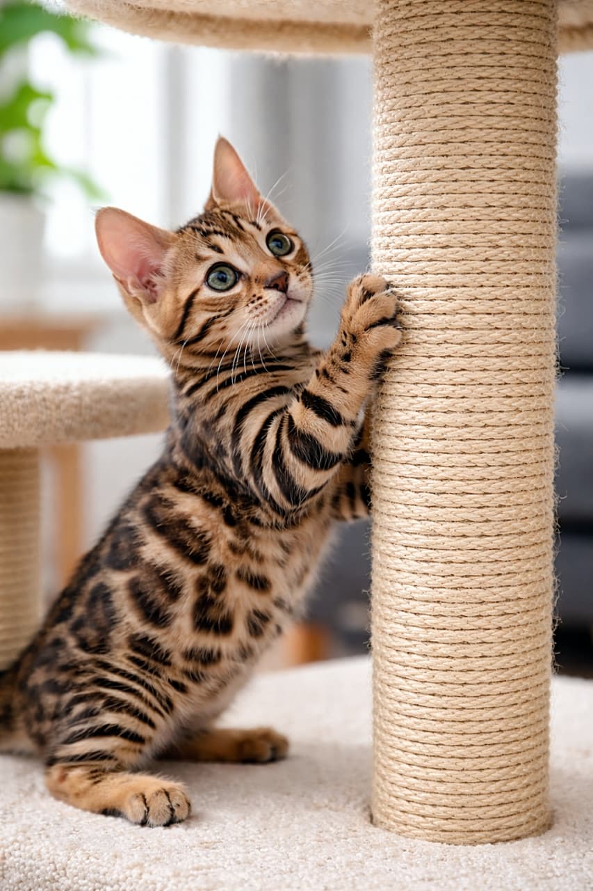 「はじめてのキャットタワーに興味津々！麻縄ポールを一生懸命ふみふみする姿がたまらない」A curious Bengal kitten gently kneading the sisal rope scratching post on a new cat tree for the first time in a bright living room. 明るいリビングで、新しいキャットタワーの麻縄ポールを初めてふみふみする好奇心旺盛なベンガルの子猫