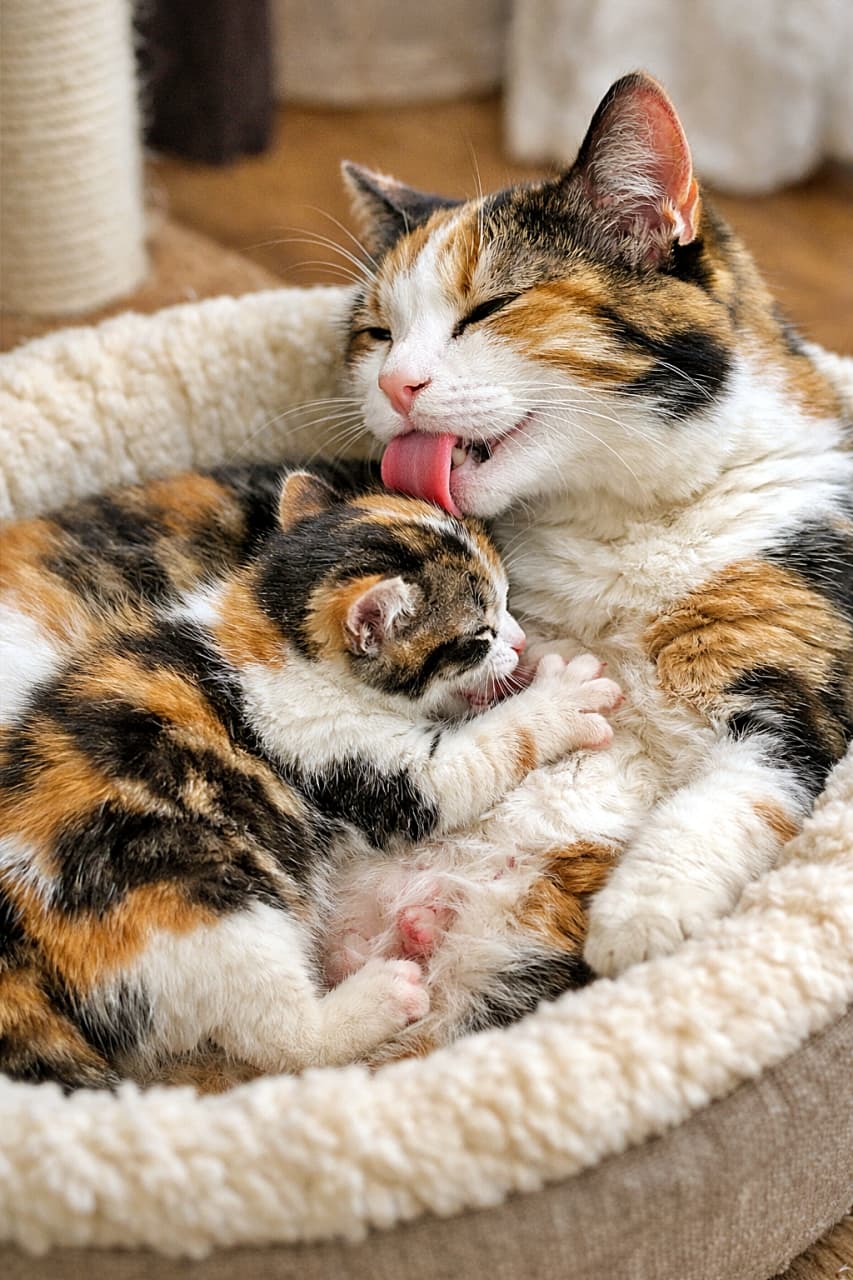 「ぺろぺろ＆ふみふみの癒やしコンボ。見てるだけで心がとろけます♪」A calico mother cat grooming her kitten while the kitten nurses and kneads comfortably in a plush round cat bed. 丸い猫ベッドの中で、授乳しながら安心してふみふみする子猫を毛づくろいする三毛の母猫