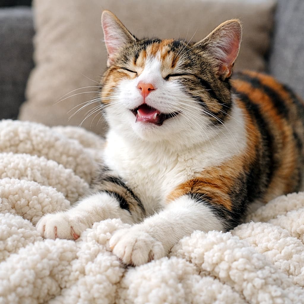 「極上のふわもこに夢中！幸せ全開でふみふみが止まらない三毛ちゃん」A young calico cat blissfully kneading a super soft sherpa fleece blanket on a sofa with a relaxed, purring expression. ソファの上で超やわらかいシェルパフリース毛布を幸せそうにふみふみする若い三毛猫
