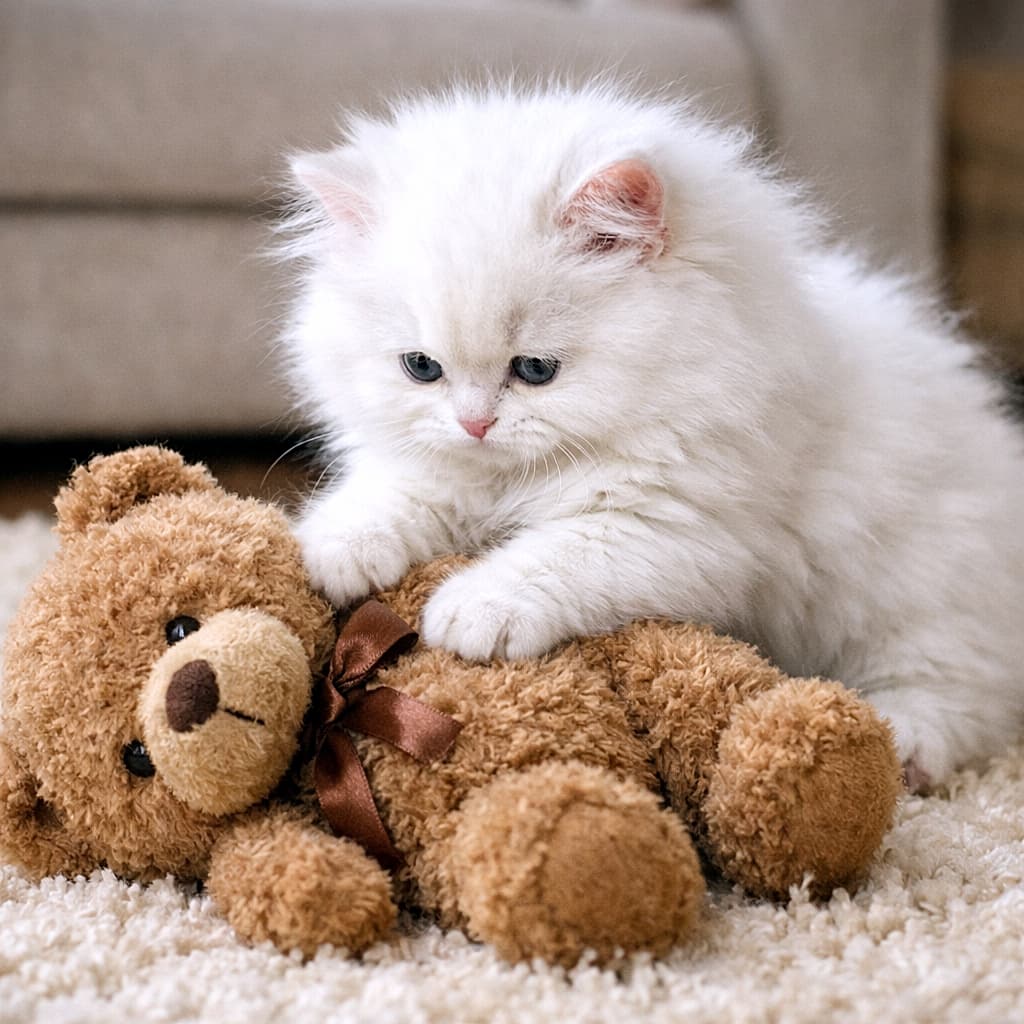 「お気に入りのくまさんを一生懸命ふみふみ。甘えんぼ全開の癒しタイム♪」A fluffy white Persian kitten kneading a slightly larger brown teddy bear on a soft rug, photorealistic and high resolution. ふわふわの白いペルシャ子猫が、自分より少し大きな茶色のテディベアを柔らかいラグの上でふみふみしている様子