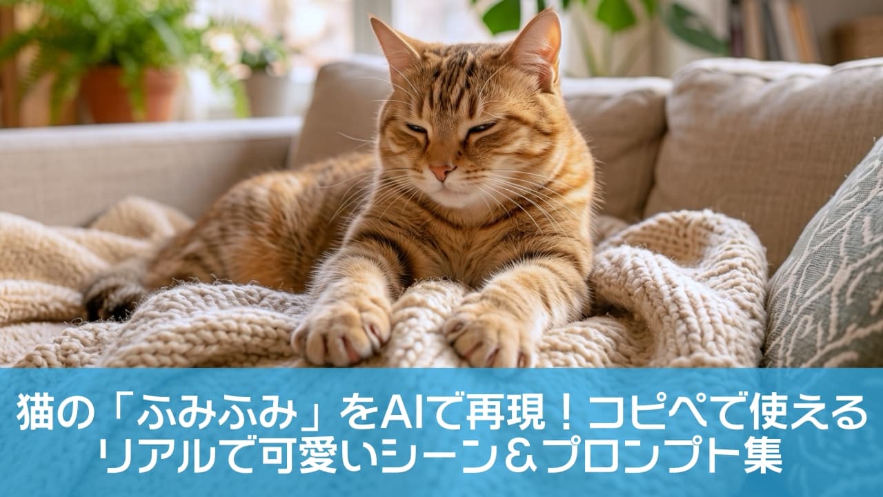 「職人顔負けの真剣なふみふみ🐾ポカポカ陽気のリビングでくつろぐ姿に、日々の疲れも吹き飛びますね☕️✨」Ultra-realistic high-quality photograph of a ginger tabby cat kneading a chunky beige knit blanket on a sofa in a sunlit living room. The cat's relaxed, half-closed eyes, beautiful orange stripes, and the background of houseplants and bookshelves create a three-dimensional, peaceful, and high-quality everyday scene. 暖かな自然光が差し込むリビングのソファで、分厚いベージュのニットブランケットに前足を沈め、心地よさそうに「ふみふみ」をする茶トラ猫。半開きになったリラックスした表情、美しいオレンジの縞模様、背景の観葉植物や本棚が、穏やかで上質な日常のワンシーンを立体的に描き出しています