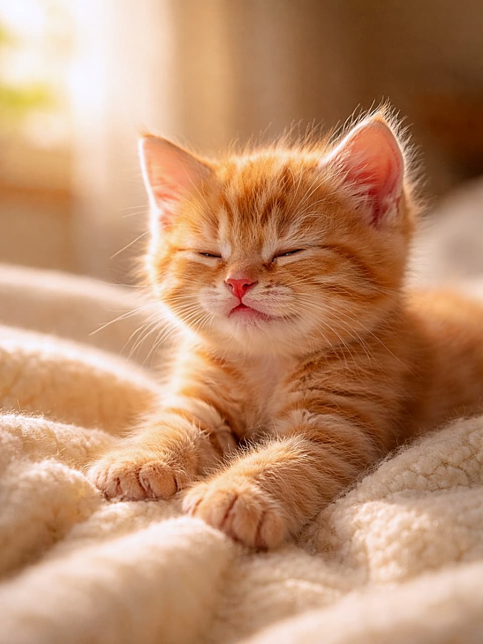 「朝日とふわふわ毛布に包まれて幸せ全開。ご機嫌ふみふみタイムの茶トラちゃん」A tiny ginger kitten kneading a soft cream-colored wool blanket in warm morning light, eyes half-closed and purring in visible bliss. 暖かな朝の光の中で、クリーム色の柔らかなウール毛布をふみふみしながら、うっとり半目でゴロゴロ喉を鳴らす小さな茶トラ子猫