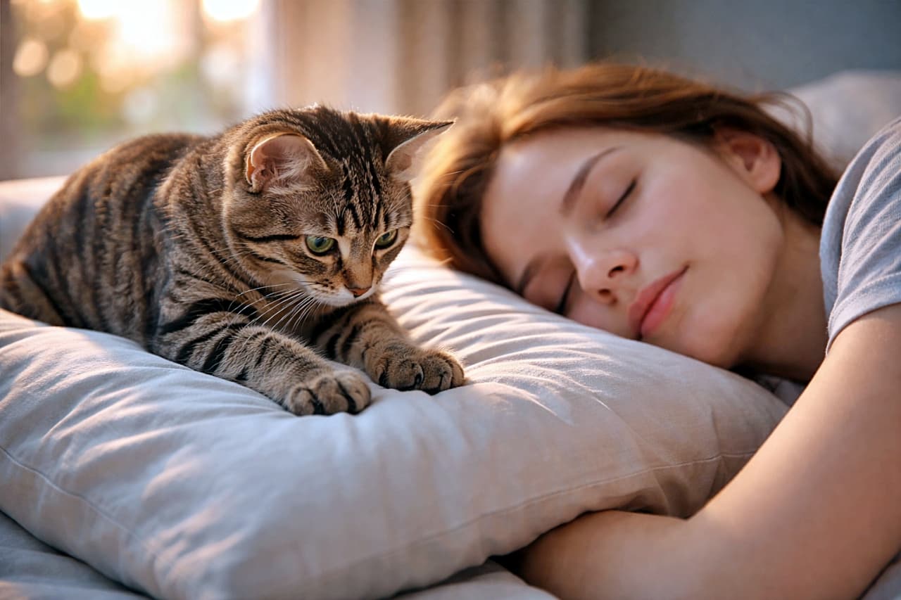 「朝の幸せルーティン。寝顔のそばで始まる、猫の愛情ふみふみタイム。目覚ましより優しい朝。猫のふみふみが幸せを連れてくる瞬間🐾」A young tabby cat gently kneading a pillow beside its sleeping owner’s face in warm dawn light, photorealistic. 夜明けのやわらかな光の中で、眠る飼い主の顔の横の枕を優しくふみふみする若いキジトラ猫