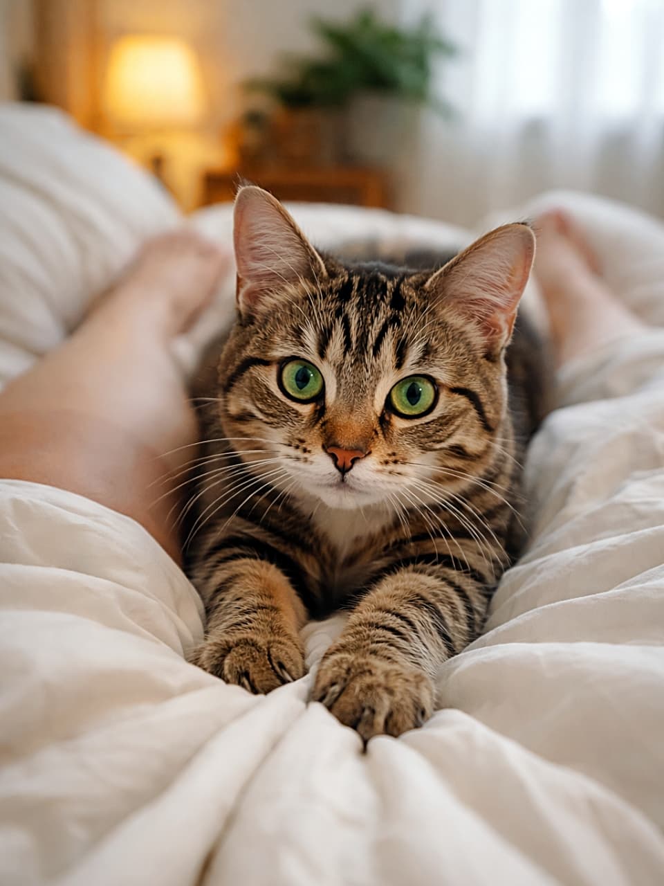 「お布団をもみもみ独占中。緑の瞳で見つめられたら、もう動けません」A photorealistic close-up of a young tabby cat with bright green eyes kneading a white duvet between its owner's legs in a warmly lit bedroom. 暖かい照明の寝室で、飼い主の脚の間の白い掛け布団をふみふみする、鮮やかな緑の目をした若いキジトラ猫のクローズアップ写真