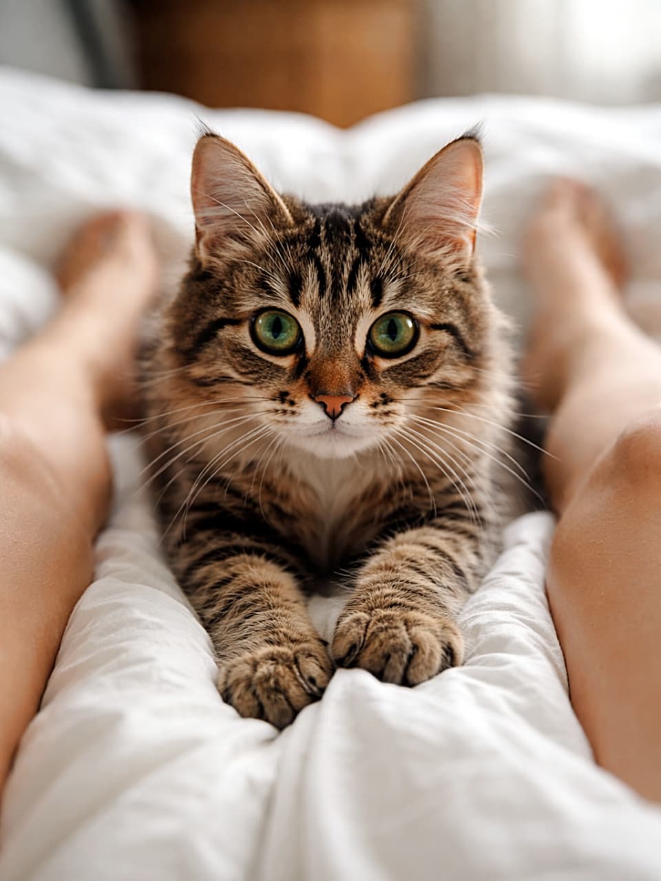 「脚の間は最高の特等席。無心でふみふみする姿に朝から尊さが大渋滞」A young green-eyed tabby cat kneading a white duvet between its owner's legs on a bed. ベッドの中で飼い主の脚の間の白い掛け布団をふみふみする、緑の目の若いキジトラ猫