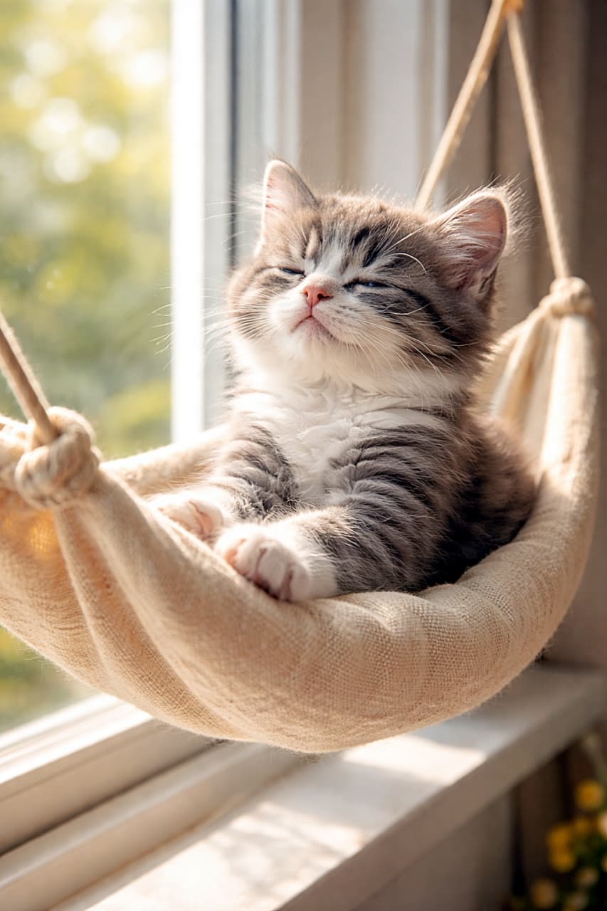 「ぽかぽか窓辺でハンモックをふみふみ。幸せ満タンのお昼寝準備中にゃ🐾」A photorealistic grey and white kitten kneading a fabric hammock hanging beside a sunny window with its eyes closed in contentment. 日当たりの良い窓辺に吊るされた布製ハンモックで、満足そうに目を閉じながらふみふみするグレーと白の子猫