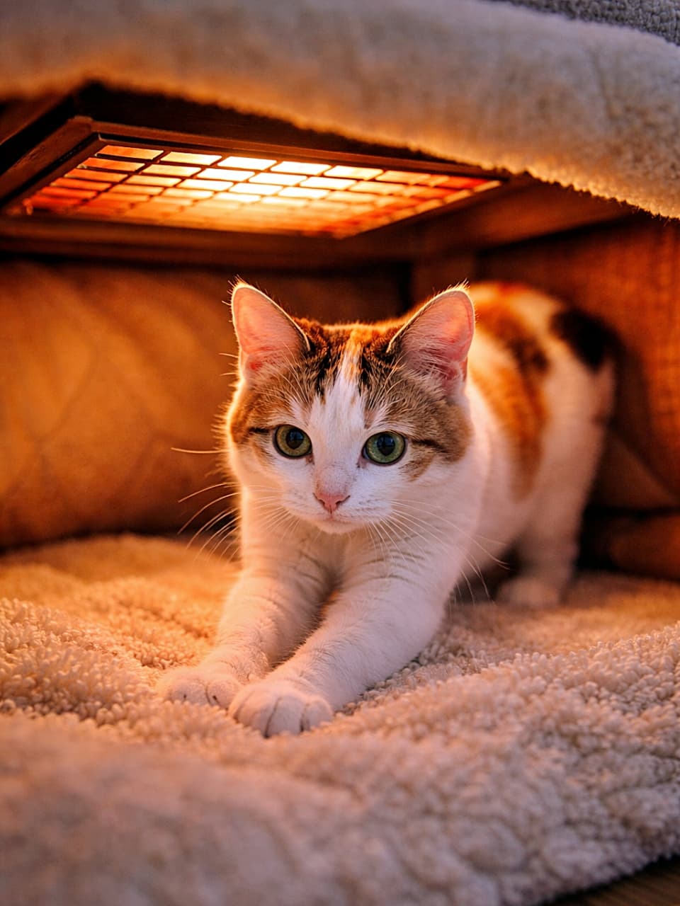 「ぬくぬくこたつで幸せ全開！ふみふみ止まらない冬の極楽タイム」A young Japanese Bobtail cat kneading a fluffy rug under a warm kotatsu, illuminated by the heater’s soft red glow. こたつの中で赤いヒーターの光に包まれながら、ふわふわのラグをふみふみする若い日本猫（ジャパニーズボブテイル）