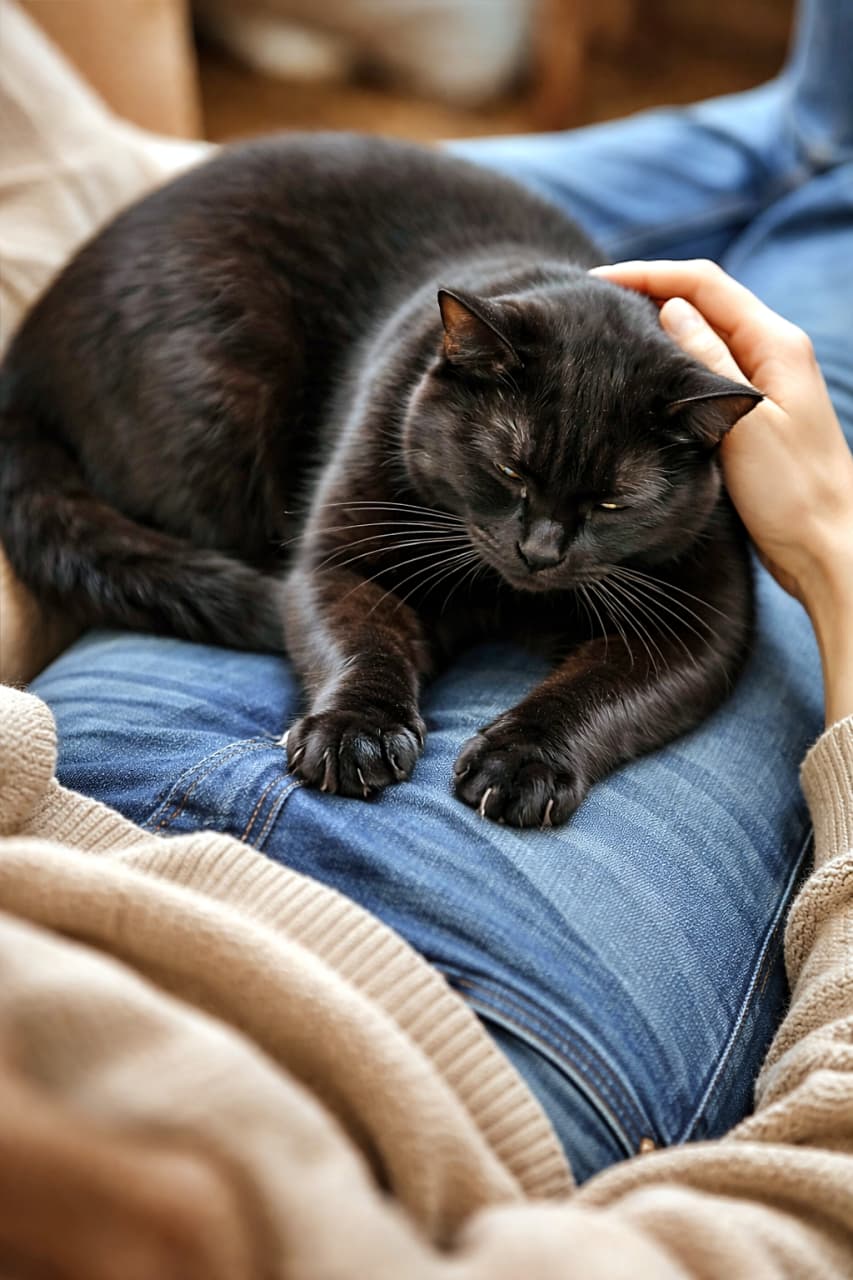 「甘えん坊モード全開。膝の上でふみふみしながら、至福のなでなでタイム」A large adult black cat kneading its owner's jeans while resting on their lap and being gently petted. 飼い主の膝の上でくつろぎながら、ジーンズをふみふみして撫でられている大きな黒猫