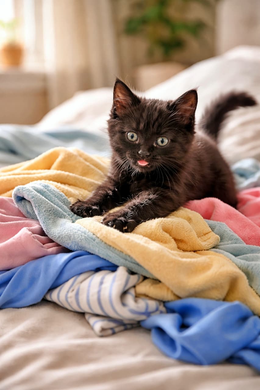 「洗い立てのふかふかは独り占め！黒猫ちゃんの幸せふみふみタイム発動中🐾✨」A mischievous black kitten kneading a pile of fresh, warm laundry on a bed, surrounded by colorful fabrics in soft sunlight. ベッドの上に置かれた温かい洗濯物の山を、いたずらっぽくふみふみする黒い子猫。やわらかな日差しとカラフルな布に囲まれている様子