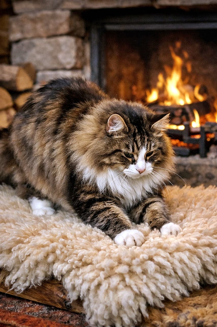 「もふもふ冬毛で極上ラグをふみふみ。暖炉前で幸せを量産中の森の王様」Photorealistic Norwegian Forest cat in a full winter coat kneading a thick sheepskin rug beside a warm fireplace. 暖炉のそばで厚手のシープスキンラグをふみふみする、冬毛が豊かなノルウェージャンフォレストキャット