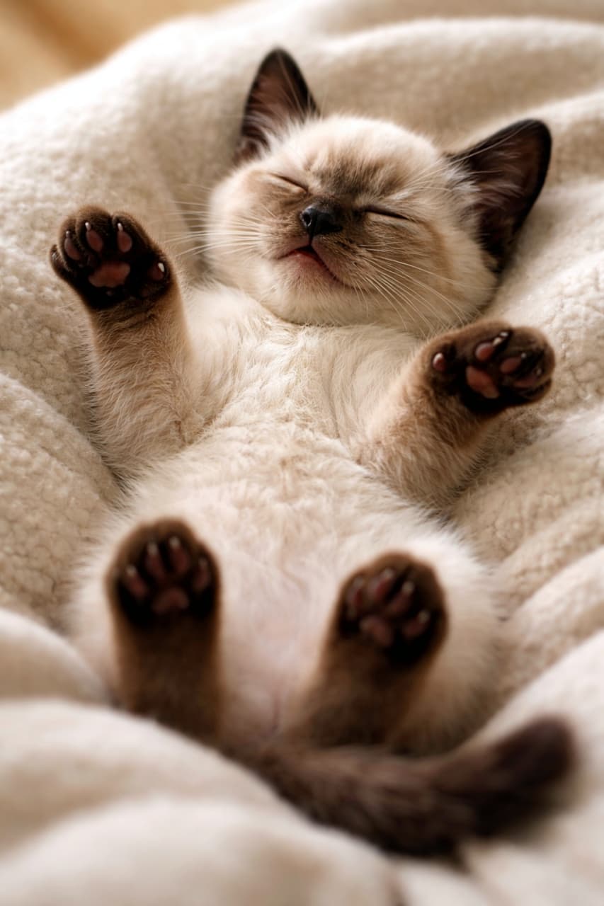 「幸せゲージMAX…夢の中でも肉球が大忙しです」A peaceful Siamese kitten sleeping on its back in a plush blanket, gently twitching its tiny paws with a relaxed smile. ふかふかの毛布の中で仰向けに眠り、リラックスした表情で小さな肉球をぴくぴく動かすシャムの子猫