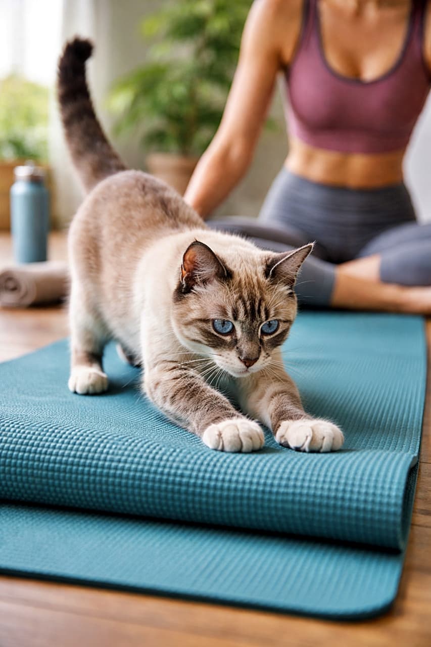 「ヨガ開始！…のはずが即ふみふみタイム。主役交代は猫あるあるです」A playful young Siamese mix cat kneading a teal yoga mat and interrupting its owner’s yoga practice in a sunlit room. 日差しの差し込む室内で、飼い主のヨガを邪魔するようにヨガマットをふみふみする若いシャムミックス猫