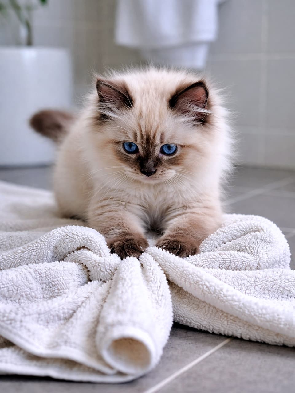 「真顔で全集中ふみふみ中！タオル職人ラグドール子猫の尊すぎる作業タイム」A photorealistic fluffy Ragdoll kitten seriously kneading a thick plush bath towel on a bathroom floor. バスルームの床で厚手のふわふわタオルを真剣な表情でふみふみするラグドールの子猫