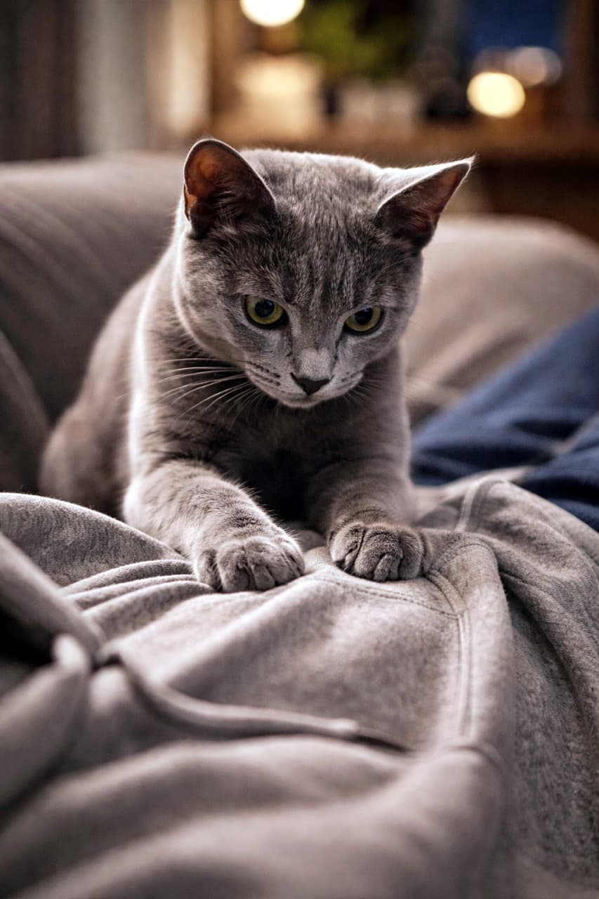 「甘えモード全開！夜のリラックスタイムに始まる至福のふみふみタイム」A young Russian Blue cat kneading its owner's stomach covered with a cozy grey hoodie under soft nighttime indoor lighting. 夜のやわらかな室内灯の下で、グレーのパーカー越しに飼い主のお腹をふみふみする若いロシアンブルーの猫