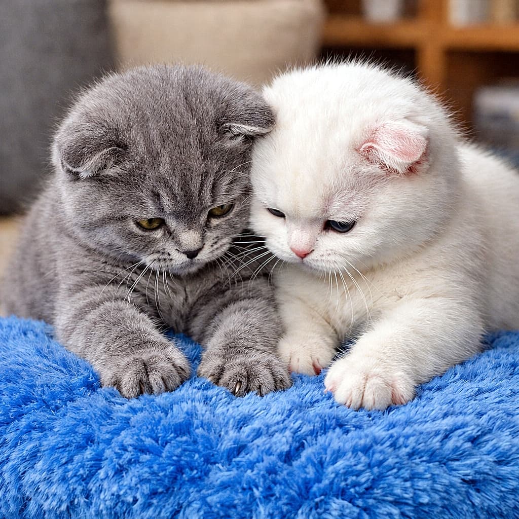 「ふみふみ大渋滞！青いクッションで仲良くもつれ合う子猫コンビに胸きゅん🐾」Two playful Scottish Fold kittens, one grey and one white, clumsily kneading a fluffy blue cushion together in a cozy indoor setting. グレーと白のスコティッシュフォールドの子猫2匹が、ふわふわの青いクッションを一緒にぎこちなくふみふみしている様子