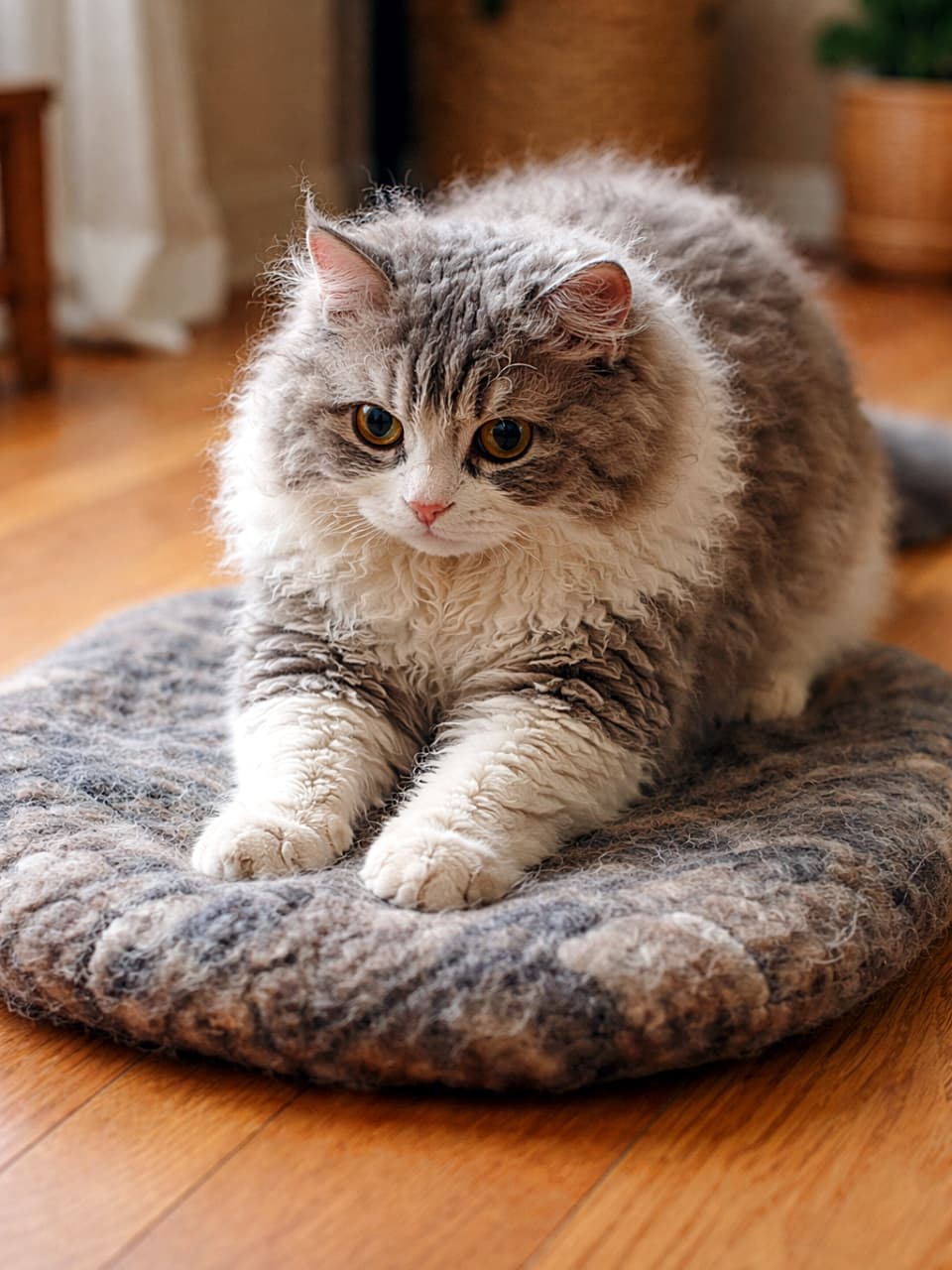 「くるくる毛並みでご満悦の職人技。羊毛マットに幸せを練り込むふみふみタイム🐾」A fluffy curly-haired Selkirk Rex cat kneading a thick felted wool cat mat on a wooden floor in warm indoor light. 暖かい室内光の中、木の床の上で厚手のフェルト製ウールマットをふみふみする巻き毛のセルカークレックス猫