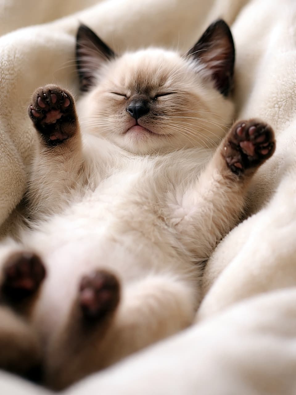 「夢の中でもふみふみ中♪お腹全開で幸せ爆睡タイム」A sleeping Siamese kitten lying on its back on a soft blanket, twitching its paws and kneading the air as if dreaming. 柔らかい毛布の上で仰向けに眠りながら、夢を見ているように前足をぴくぴく動かして空をこねるシャムの子猫