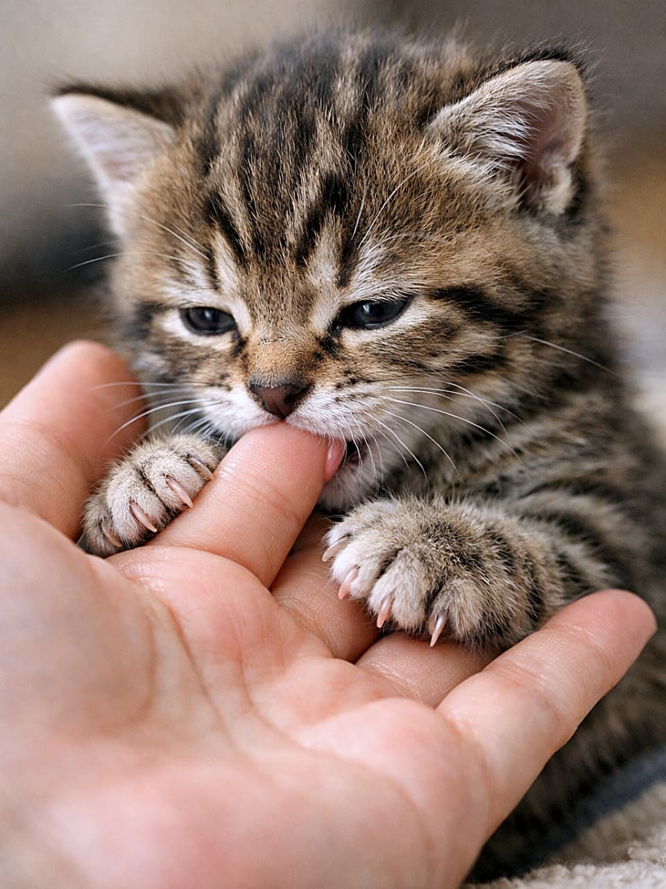 「甘えモード全開！指をちゅぱちゅぱしながら、ふみふみが止まらない幸せ子猫タイム🐾」A photorealistic close-up of a tiny tabby kitten suckling on a person's finger while gently kneading their palm with its small paws. 人の指を吸いながら、小さな前足で手のひらをふみふみしているキジトラの子猫のフォトリアルな接写