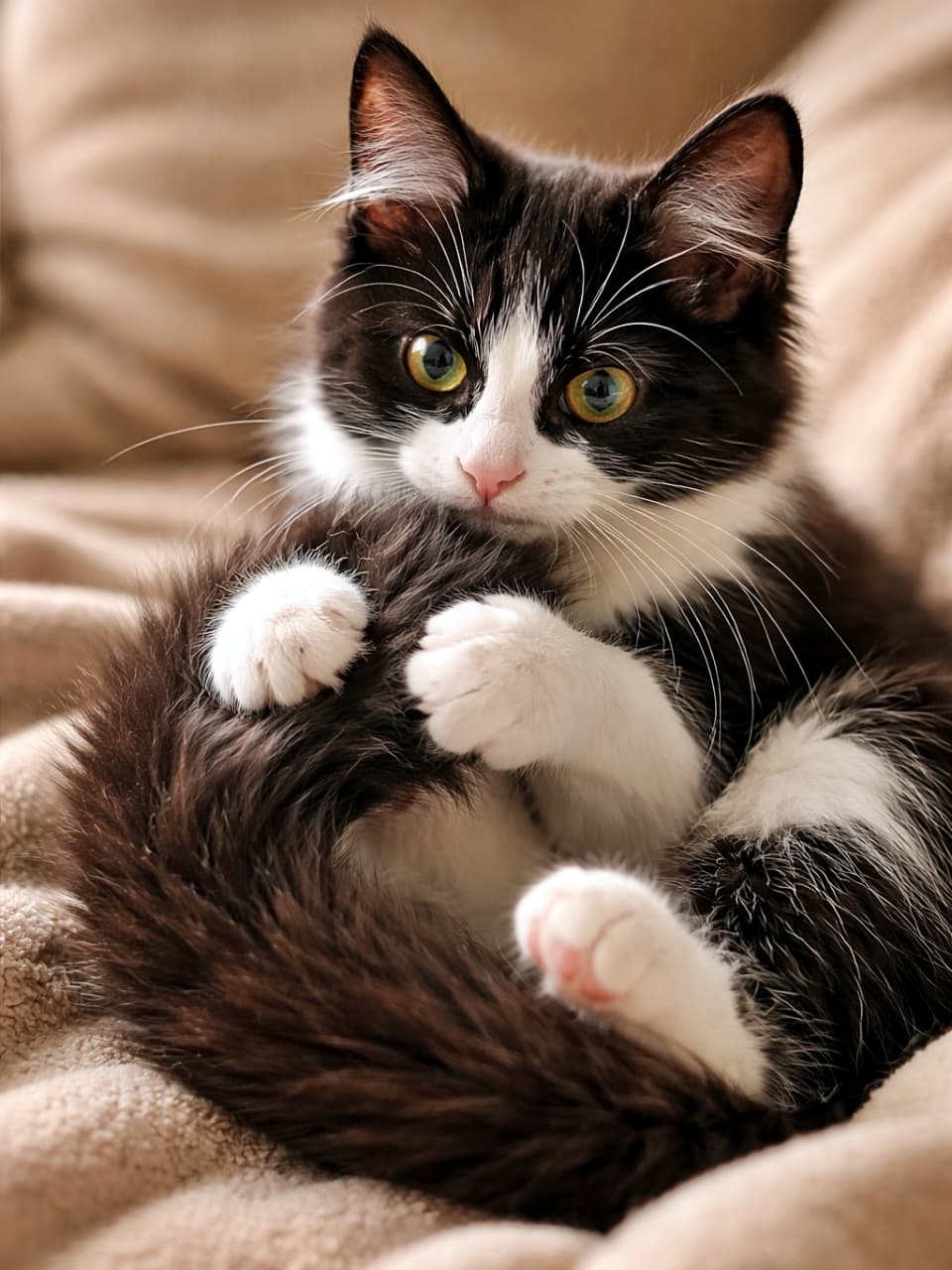 「自分のしっぽまでふみふみ対象！？無限ループの癒やし職人ここに爆誕」A playful young tuxedo cat kneading its own fluffy tail while lying on a soft beige blanket, captured in soft natural indoor lighting. 柔らかいベージュの毛布の上で、自分のふわふわのしっぽをふみふみしている遊び好きな若いハチワレ猫