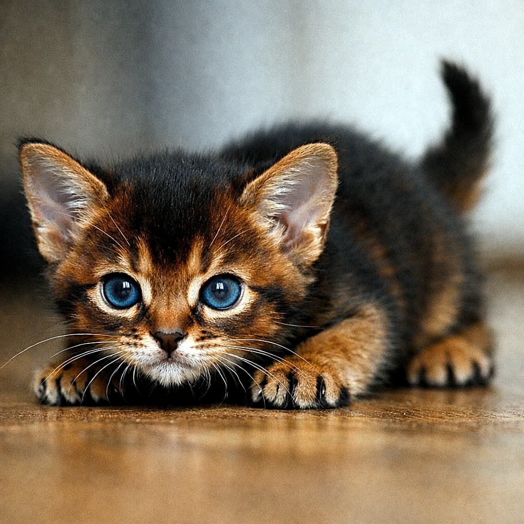 A 22-day-old ruddy Abyssinian kitten crouching low, ready to pounce, with focused blue eyes, large ears, and a twitching tail, photographed from a low angle. 低いアングルから撮影された、飛びかかる準備をする生後22日のルディのアビシニアン子猫。青い目で獲物を見つめ、耳を立て、しっぽをぴくぴくさせている