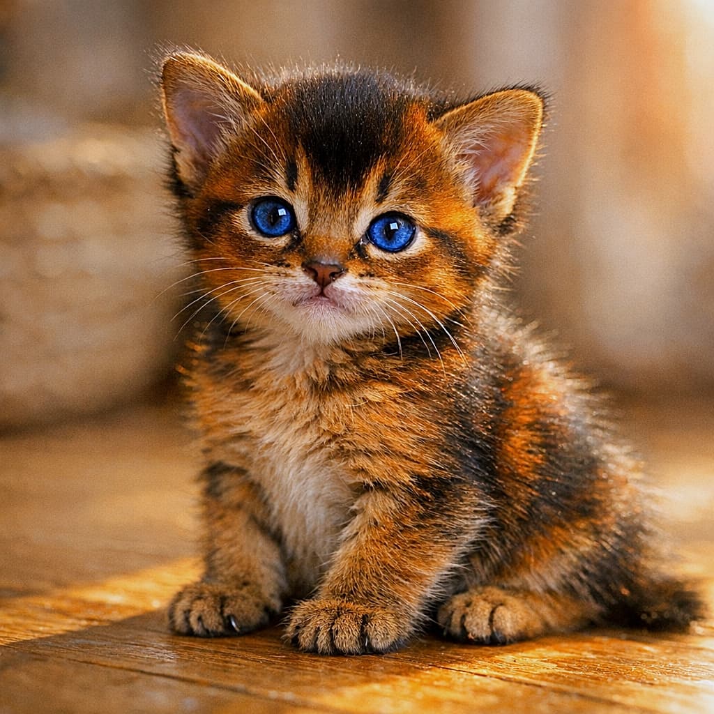 A 24-day-old ruddy Abyssinian kitten with bright blue eyes sitting on a sunlit wooden floor, warm light revealing reddish-brown tones in its dark fur. 木の床に座る生後24日のルディのアビシニアンの子猫。暖かな日差しに照らされ、濃い毛並みに赤茶色の色味が浮かび、青い瞳が輝いている