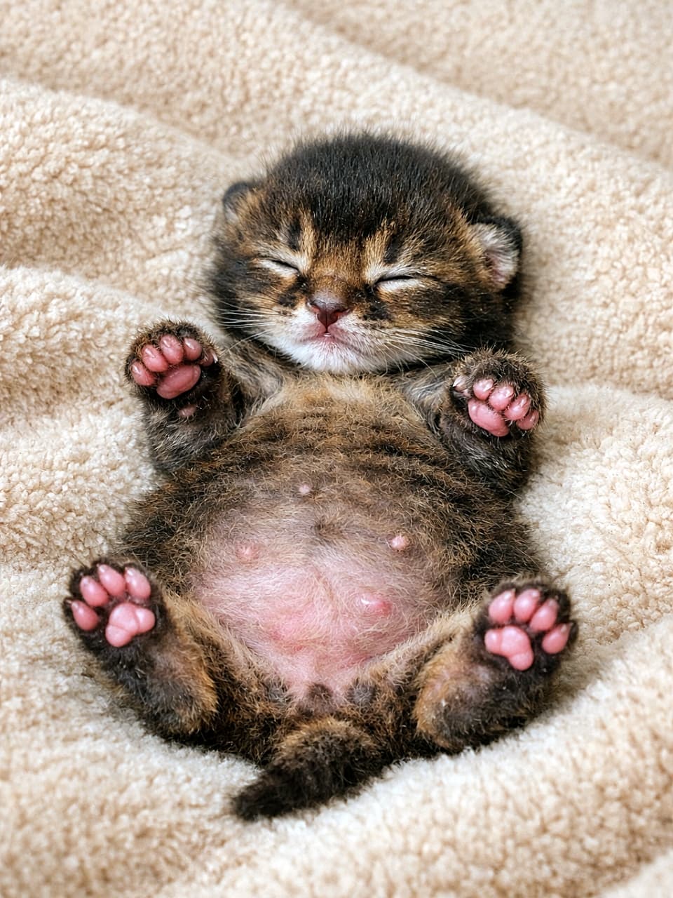 A two-day-old ruddy Abyssinian kitten lying on its back on a soft beige blanket, eyes closed, ears flattened, showing a round full belly and pink paw pads. 生後2日のルディー・アビシニアンの子猫が、ベージュの柔らかなブランケットの上で仰向けに寝ており、目を閉じて、平らな耳と丸いお腹、ピンク色の肉球を見せている