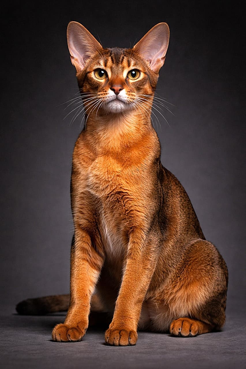 A 7-month-old ruddy Abyssinian cat sitting proudly with chest out, showing lean muscular definition and glossy apricot-based coat under studio lighting. 胸を張って座る、生後7か月のルディーのアビシニアン猫。引き締まった筋肉と、アプリコット基調の艶やかな被毛がスタジオ照明で際立っている