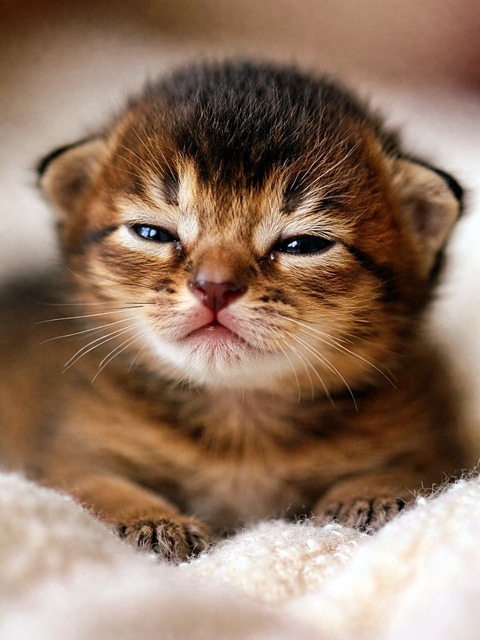 Close-up of an 8-day-old ruddy Abyssinian kitten with partially opened blue eyes, lifting its head slightly on a soft blanket. 柔らかいブランケットの上で、青い目が少し開きかけた生後8日のルディ・アビシニアンの子猫が、少しだけ顔を上げているクローズアップ写真