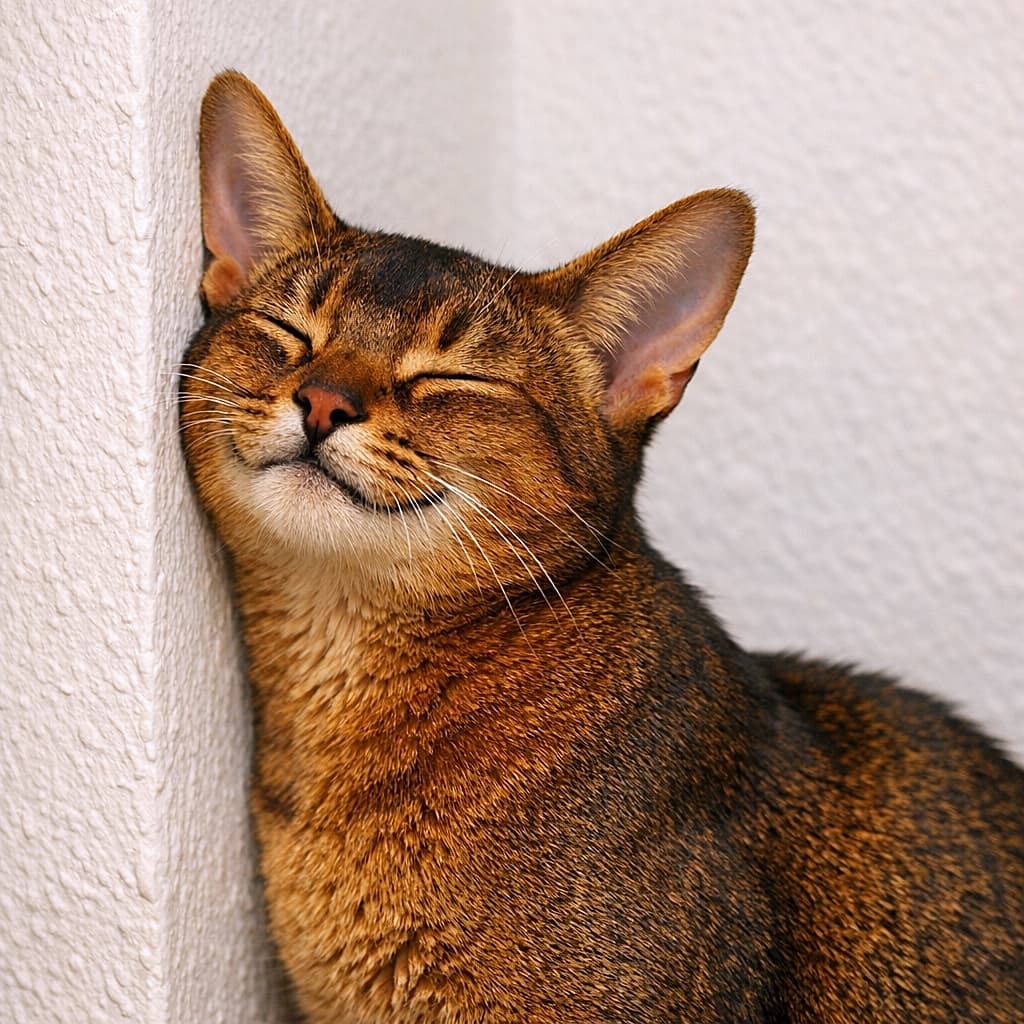 A glossy ruddy Abyssinian cat rubs its cheek against a white wall corner with eyes closed, enjoying the moment in warm indoor light. 艶のあるルディカラーのアビシニアンが、白い壁の角に頬をすりつけ、目を閉じて気持ちよさそうにしている様子