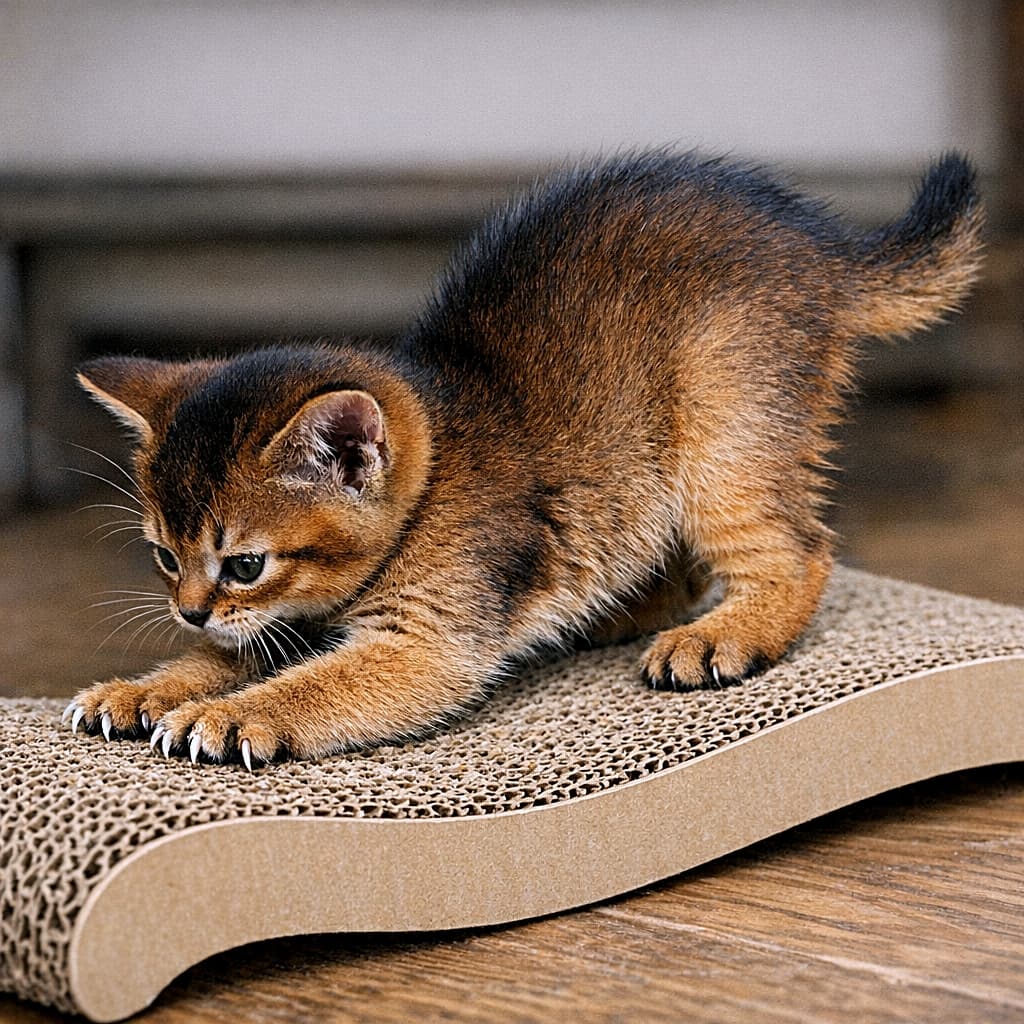 A 5.5-week-old ruddy Abyssinian kitten scratching a cardboard scratcher, focused expression, extended claws, arched back, side view. 段ボール製の爪とぎを引っかく、生後5.5週のルディカラーのアビシニアンの子猫。横から見た構図で、爪を伸ばし背中を反らせて集中している様子
