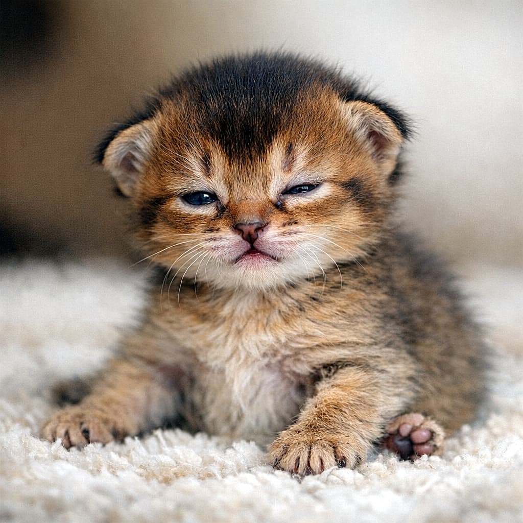 A nine-day-old ruddy Abyssinian kitten sitting on a soft rug, with half-open hazy blue eyes, tiny folded ears, and a sleepy, confused expression. 生後9日目のルディーアビシニアンの子猫が、半開きのかすんだ青い目で眠そうな表情をしながら、やわらかいラグの上に座っている様子