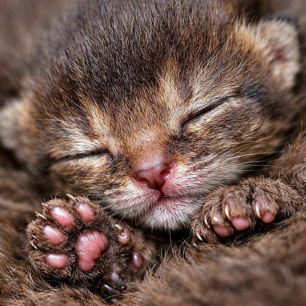 An extreme close-up macro photograph of a one-day-old ruddy Abyssinian kitten sleeping curled up, with fluffy dark brown fur, closed eyes, a tiny pink nose, and small paws gently kneading. 生後1日のルディ・アビシニアンの子猫が丸くなって眠る様子を捉えた超接写のマクロ写真。濃い茶色のふわふわした毛並み、閉じた瞳、小さなピンク色の鼻と、もみもみする前足が写っている