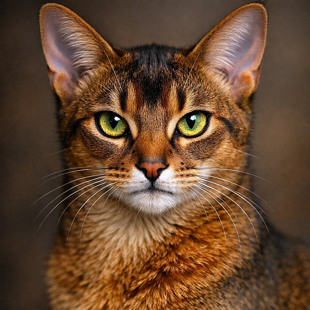 A close-up portrait of a 6.5-month-old ruddy Abyssinian cat with piercing emerald-gold eyes, direct eye contact, distinct black eyeliner markings, and a rich ruddy coat against a softly blurred background. エメラルドゴールドの鋭い瞳で正面を見つめる、生後6.5か月のルディ・アビシニアンのクローズアップポートレート。くっきりしたアイラインと豊かなルディカラーの被毛が印象的