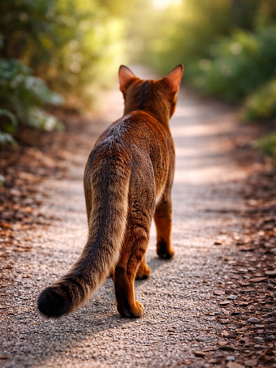 An 8-month-old ruddy Abyssinian cat walking away on a sunlit path, focusing on its long tail with a black tip and sleek ticked coat with shallow depth of field. 木漏れ日の小道を歩き去る生後8か月のルディーのアビシニアン。黒い先端の長いしっぽとティッキング模様の背中にピントが合った写真