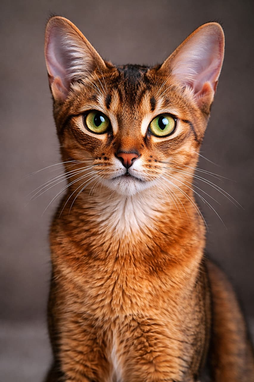 A close-up portrait of a 6.5-month-old ruddy Abyssinian cat with piercing emerald-gold eyes, direct eye contact, distinct black eyeliner markings, and a rich ruddy coat against a soft blurred background. エメラルドゴールドの鋭い瞳でこちらを見つめる、生後6.5か月のルディ・アビシニアンのポートレート。くっきりしたアイラインと豊かなルディカラーの被毛が印象的