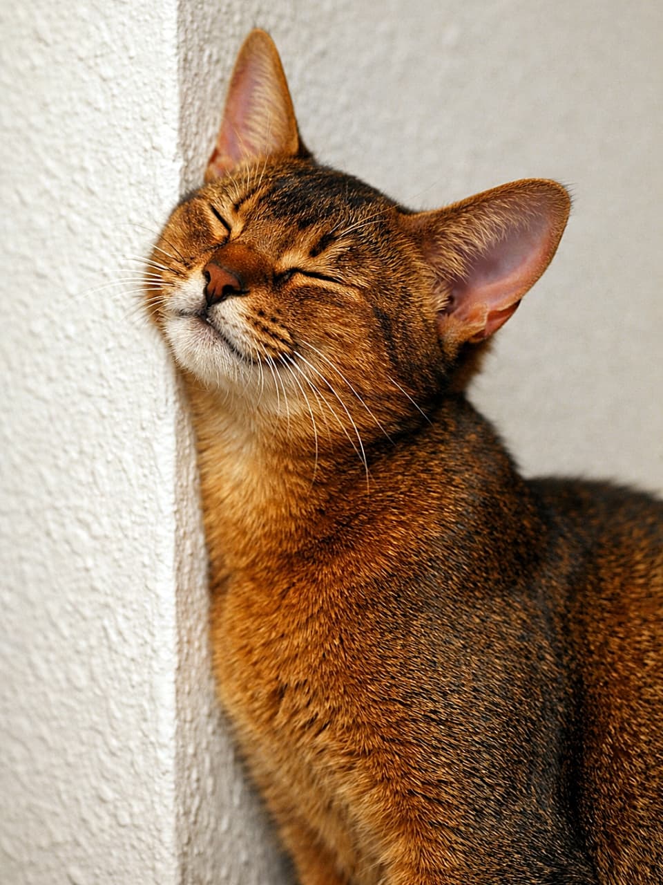 A 9-month-old ruddy Abyssinian cat walks confidently through a dimly lit house, its glowing eyes reflecting on the polished floor and creating a mysterious mood. 薄暗い室内を自信たっぷりに歩く、生後9か月のルディカラーのアビシニアン。磨かれた床に映る光る瞳がミステリアスな雰囲気を演出してい
