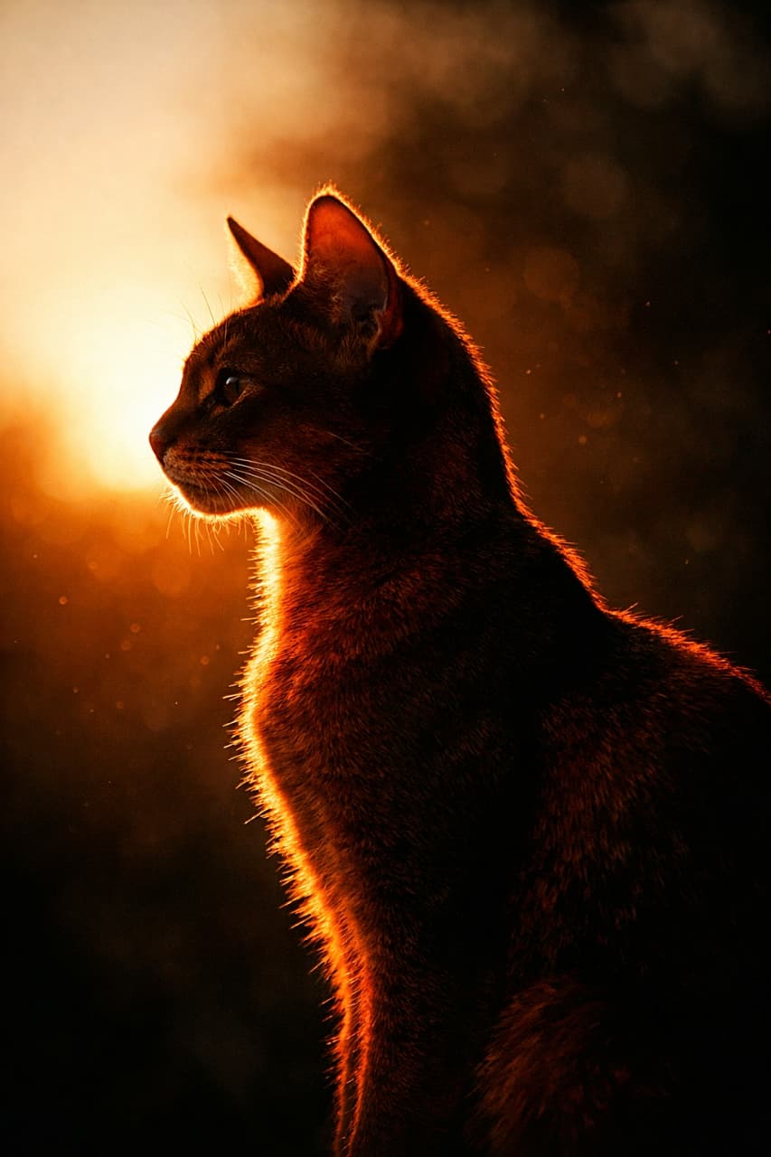 Backlit side-profile silhouette of an 8.5-month-old ruddy Abyssinian cat with elegant nose line and large ears, glowing fur in cinematic light. 逆光に照らされた、生後8.5か月のルディ・アビシニアンの横顔シルエット。優雅な鼻筋と大きな耳、シネマティックな光に輝く被毛
