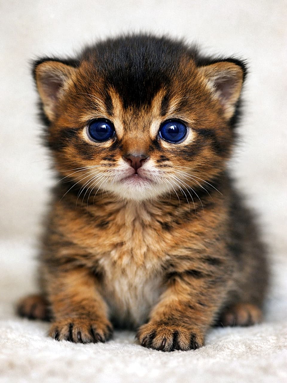 A 10-day-old ruddy Abyssinian kitten sitting front-facing with dark blue unfocused eyes, looking at the camera. 生後10日のルディカラーのアビシニアンの子猫が、正面を向いて青い瞳でカメラを見つめている