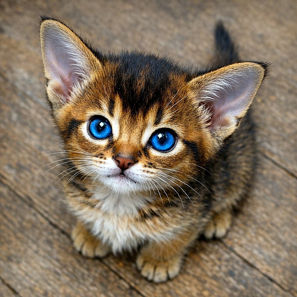 A 30-day-old ruddy Abyssinian kitten with bright blue eyes and oversized bat-like ears, looking up at the camera in a high-angle shot as dark ruddy ticking becomes visible. 生後30日のルディ・アビシニアンの子猫。青く澄んだ瞳とコウモリのように大きな耳で、ハイアングルからカメラを見上げ、ルディのティッキングが見え始めている