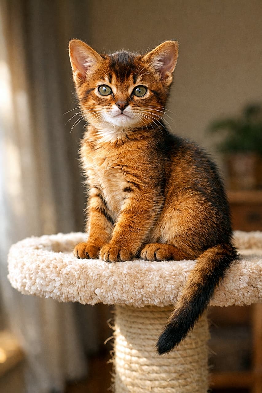 A 7-week-old ruddy Abyssinian kitten sitting proudly on a cat tower, tail hanging down, glowing coat in sunlight, hazel eyes, confident posture キャットタワーの上で誇らしげに座る、生後7週のルディーのアビシニアン子猫。しっぽを垂らし、日差しで輝く被毛と自信満々の表情